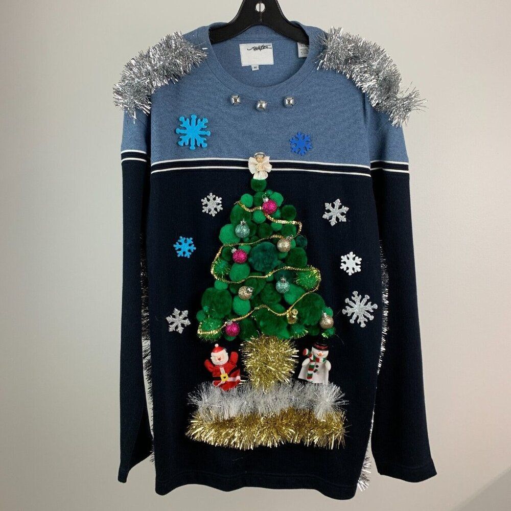 Ugly Christmas Sweater Men's sz M Puff Ball Xmas Tree Garland Sparkle